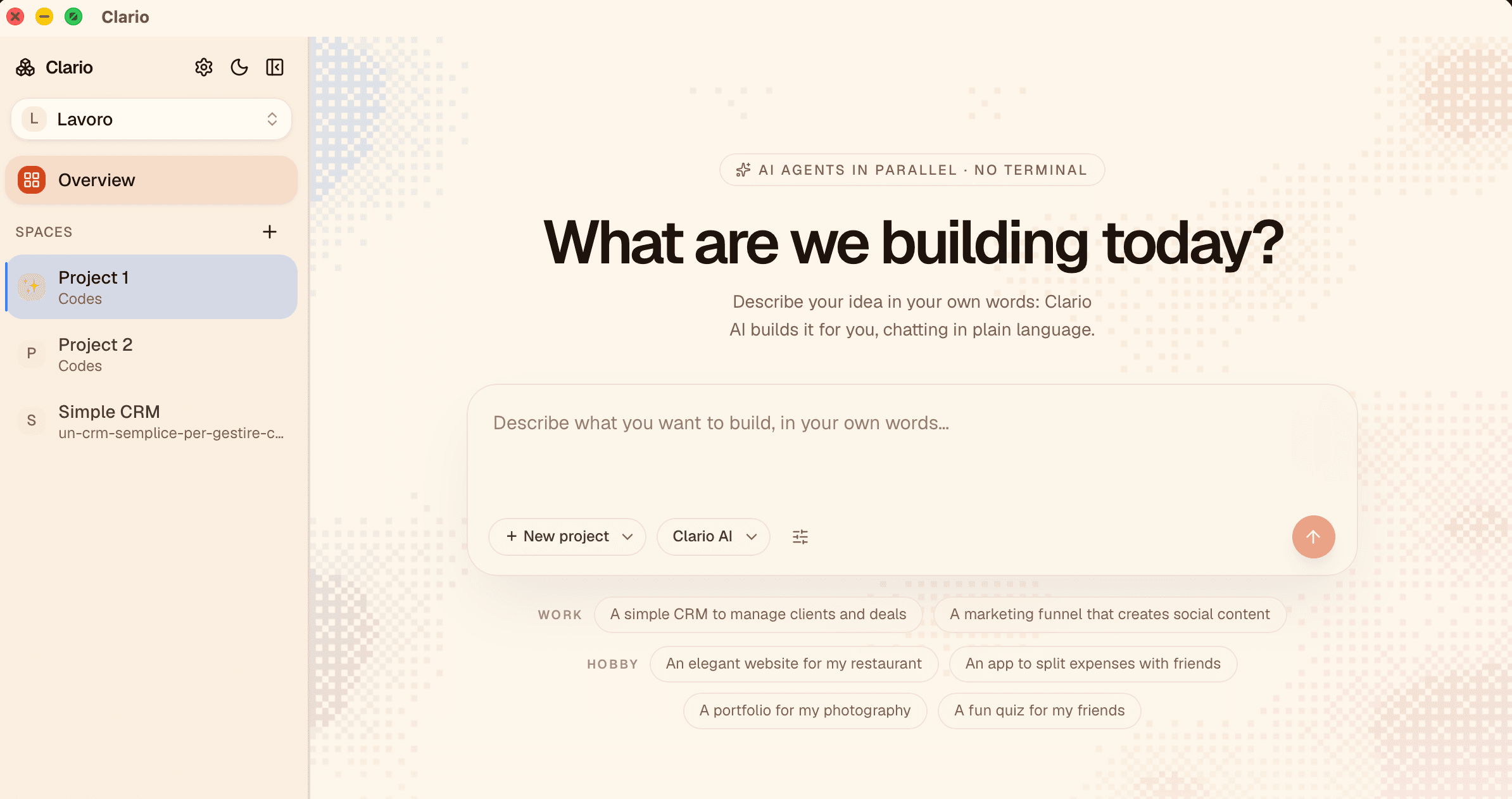 Clario's Overview: workspaces, projects and agents in a single window.